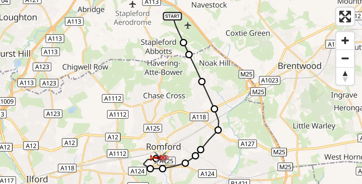 Flight route Air Ambulance Helicopter Brentwood - Queens Hospital Romford, 06 October 2026, 14:45