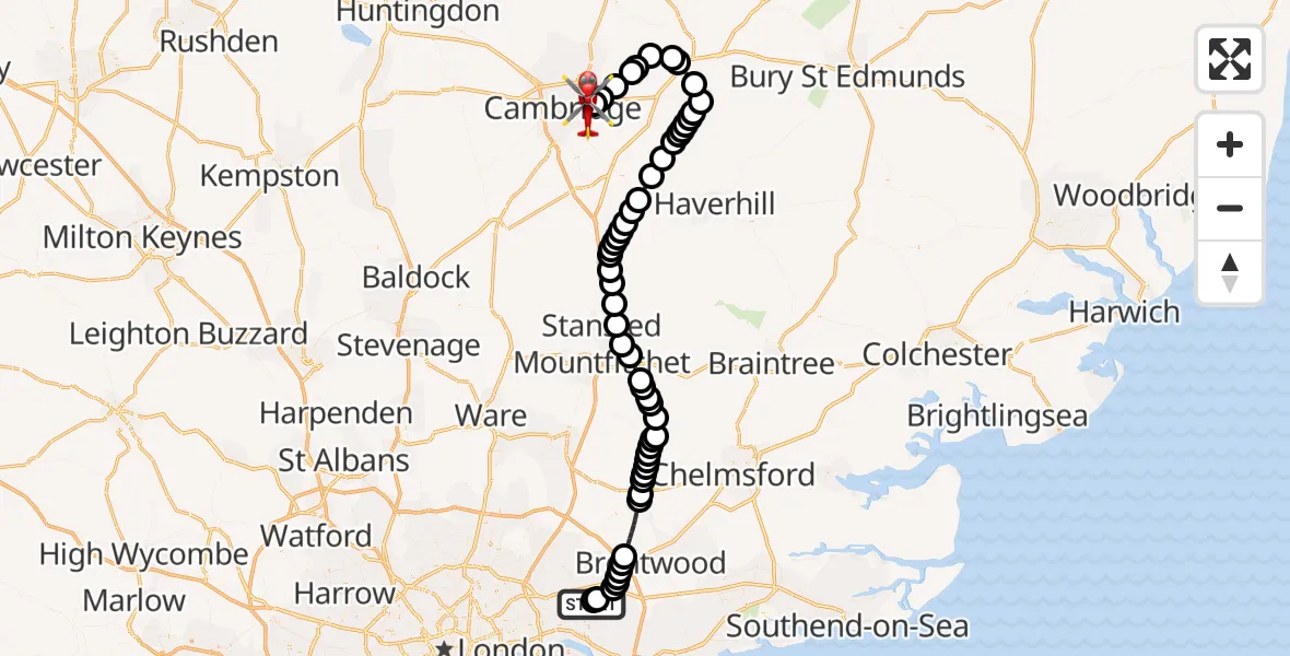 Flight route Air Ambulance Helicopter Queens Hospital Romford - Cambridge City Airport, 06 October 2026, 15:07