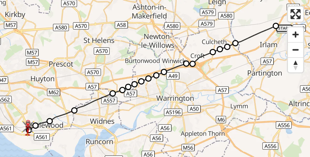 Flight route Air Ambulance Helicopter Manchester Barton Aerodrome - Speke, 06 October 2026, 15:17