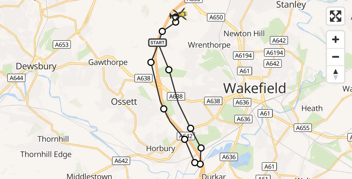 Flight route Police Helicopter Ossett - East Ardsley, 06 October 2026, 15:23