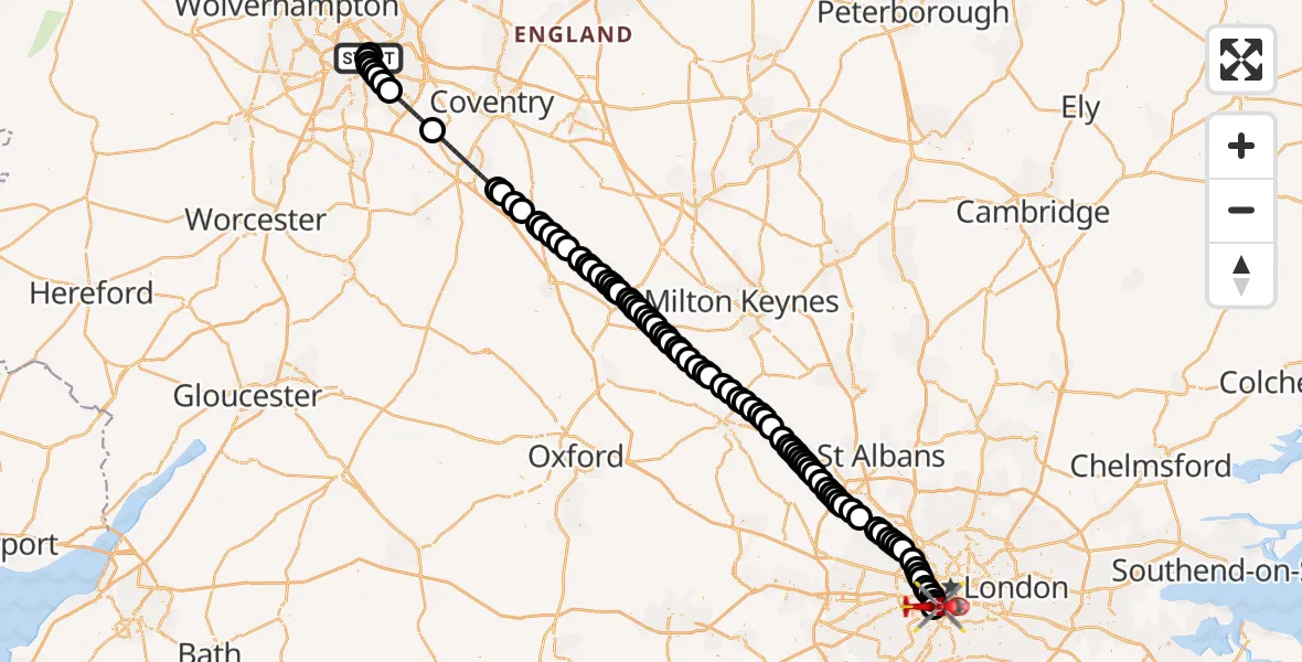 Flight route Air Ambulance Helicopter Nechells - London Heliport, 06 October 2026, 15:30