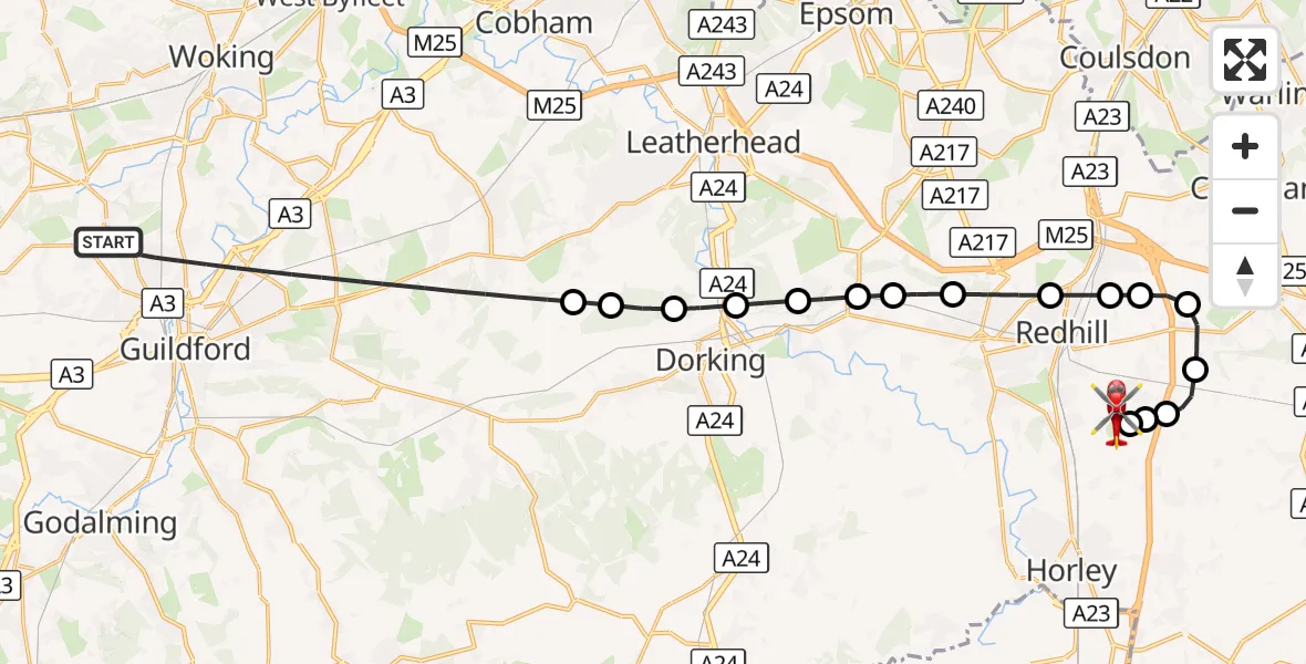 Flight route Air Ambulance Helicopter Guildford - Redhill Aerodrome, 06 October 2026, 15:35