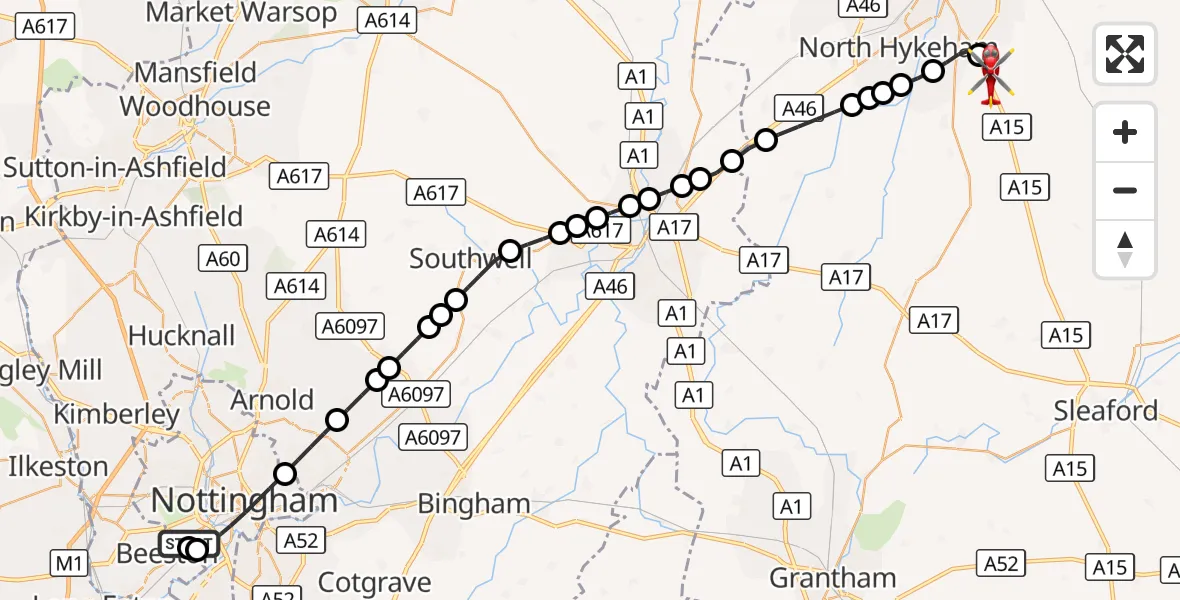 Flight route Air Ambulance Helicopter City of Nottingham - North Kesteven, 06 October 2026, 15:43