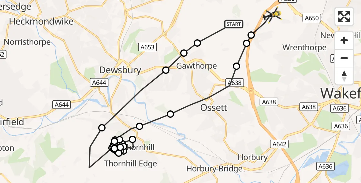 Flight route Police Helicopter Woodkirk - East Ardsley, 06 October 2026, 15:49