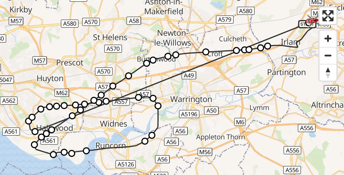 Flight route Air Ambulance Helicopter Manchester Barton Aerodrome - Worsley, 06 October 2026, 16:04