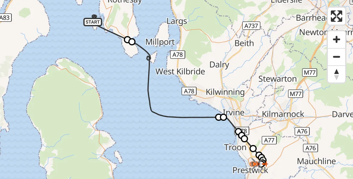 Flight route Coastguard Helicopter Inner Seas - Glasgow Prestwick Airport, 06 October 2026, 16:07