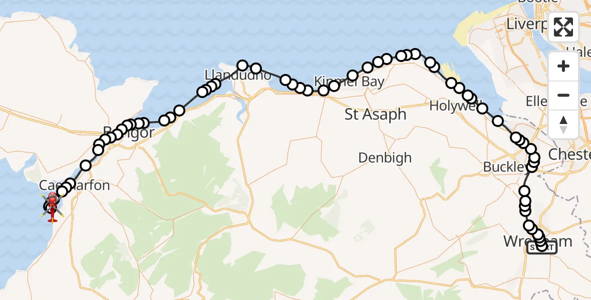 Flight route Air Ambulance Helicopter Hightown - Caernarfon Airport, 06 October 2026, 16:16