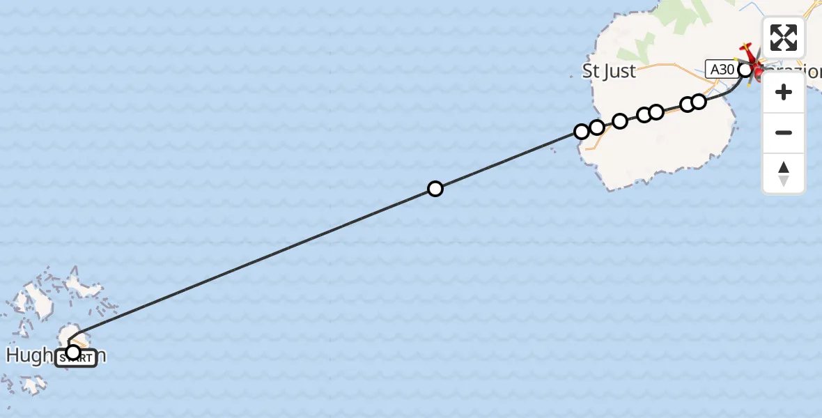 Flight route Air Ambulance Helicopter St. Mary's Airport - Penzance Heliport, 06 October 2026, 16:26