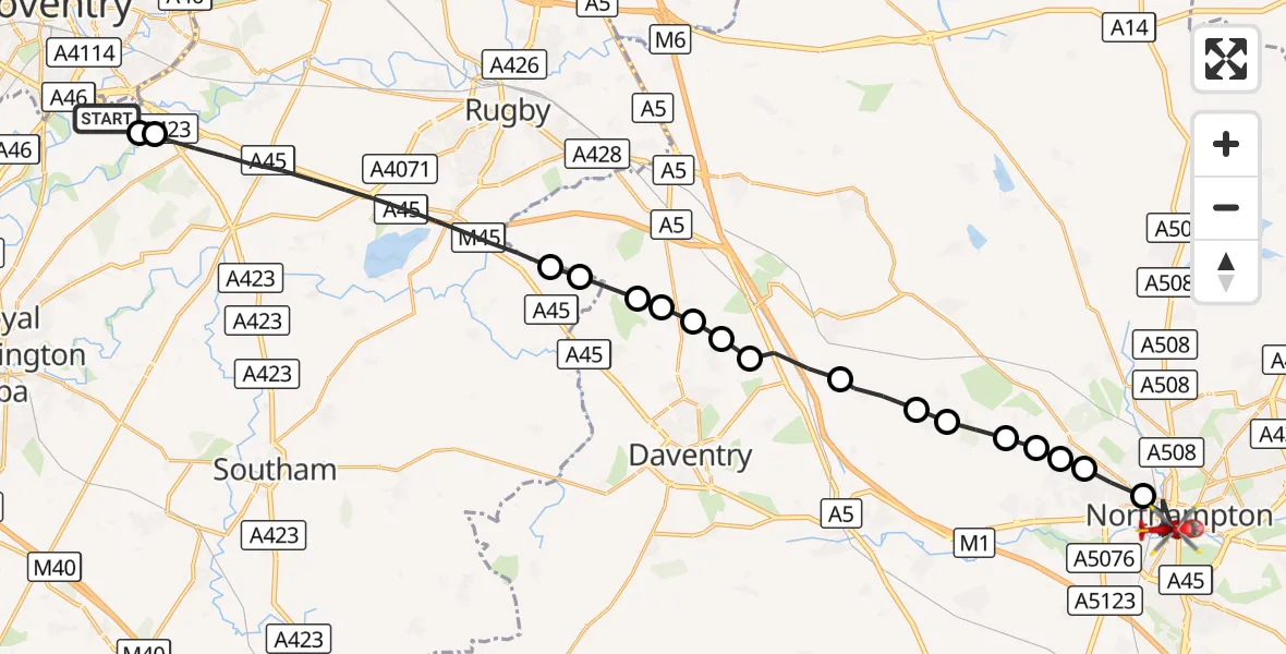Flight route Air Ambulance Helicopter Coventry Airport - Northampton, 06 October 2026, 16:37