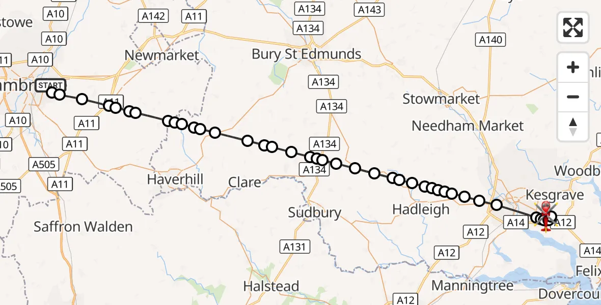 Flight route Air Ambulance Helicopter Cambridge City Airport - East Suffolk, 06 October 2026, 16:37