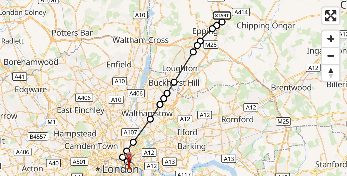 Flight route Air Ambulance Helicopter North Weald Airfield - Royal London Hospital, 06 October 2026, 16:53