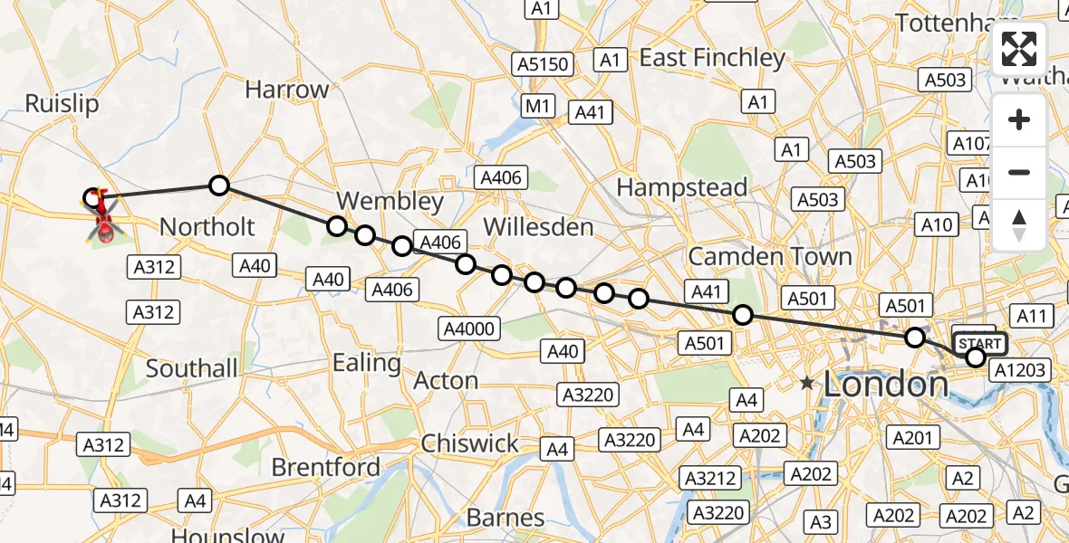 Flight route Air Ambulance Helicopter Royal London Hospital - RAF Northolt, 06 October 2026, 16:58