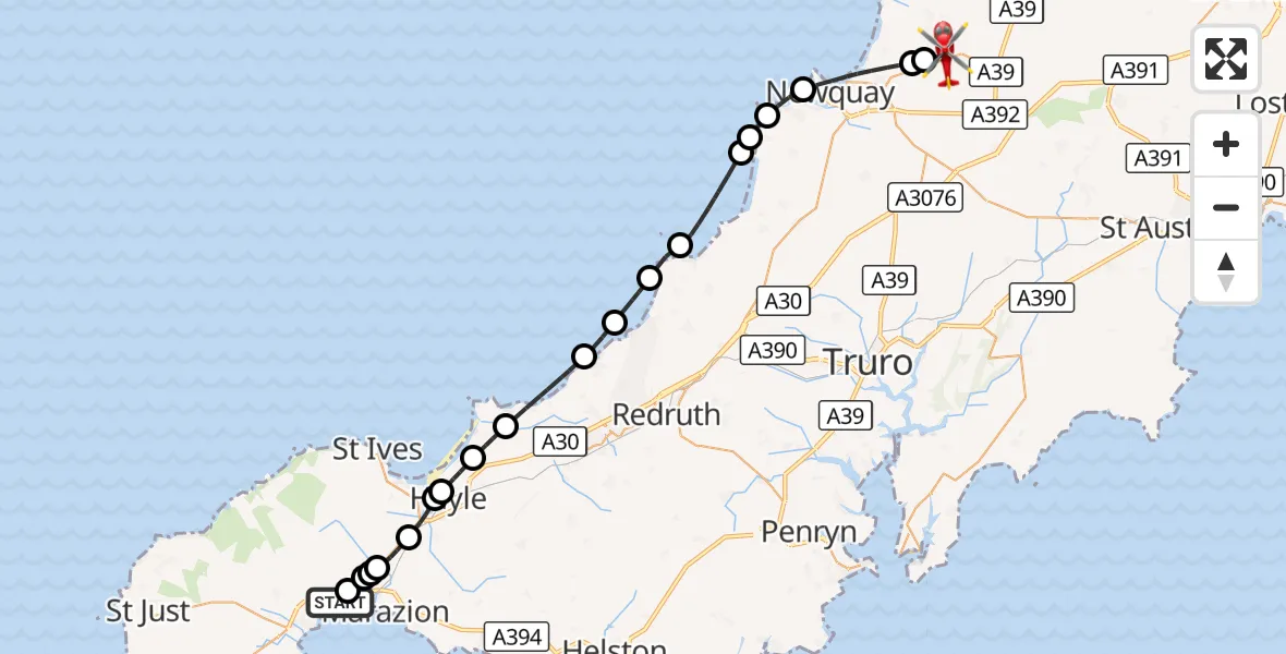 Flight route Air Ambulance Helicopter Penzance Heliport - Cornwall Airport Newquay, 06 October 2026, 17:09