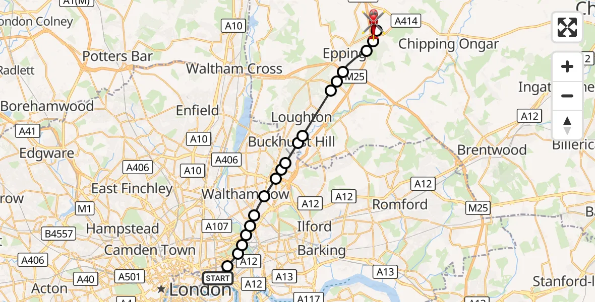 Flight route Air Ambulance Helicopter Royal London Hospital - North Weald Airfield, 06 October 2026, 17:13