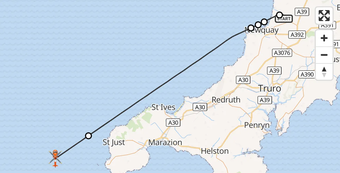 Flight route Coastguard Helicopter Cornwall Airport Newquay - North Atlantic Ocean, 06 October 2026, 17:19