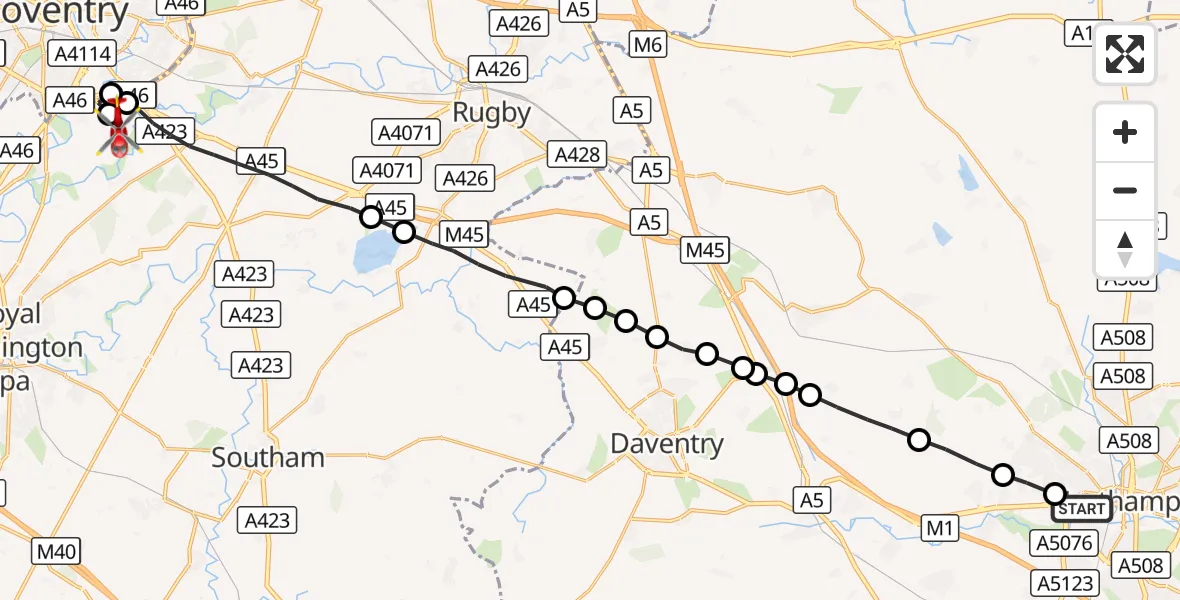 Flight route Air Ambulance Helicopter Northampton - Coventry Airport, 06 October 2026, 17:31