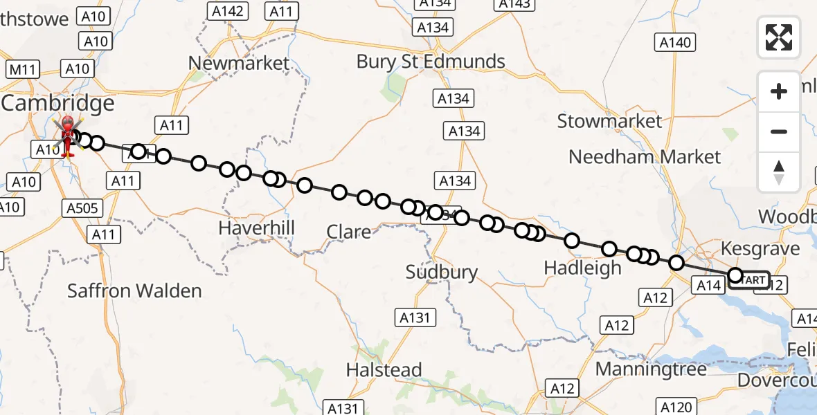 Flight route Air Ambulance Helicopter East Suffolk - Papworth Hospital, 06 October 2026, 17:58
