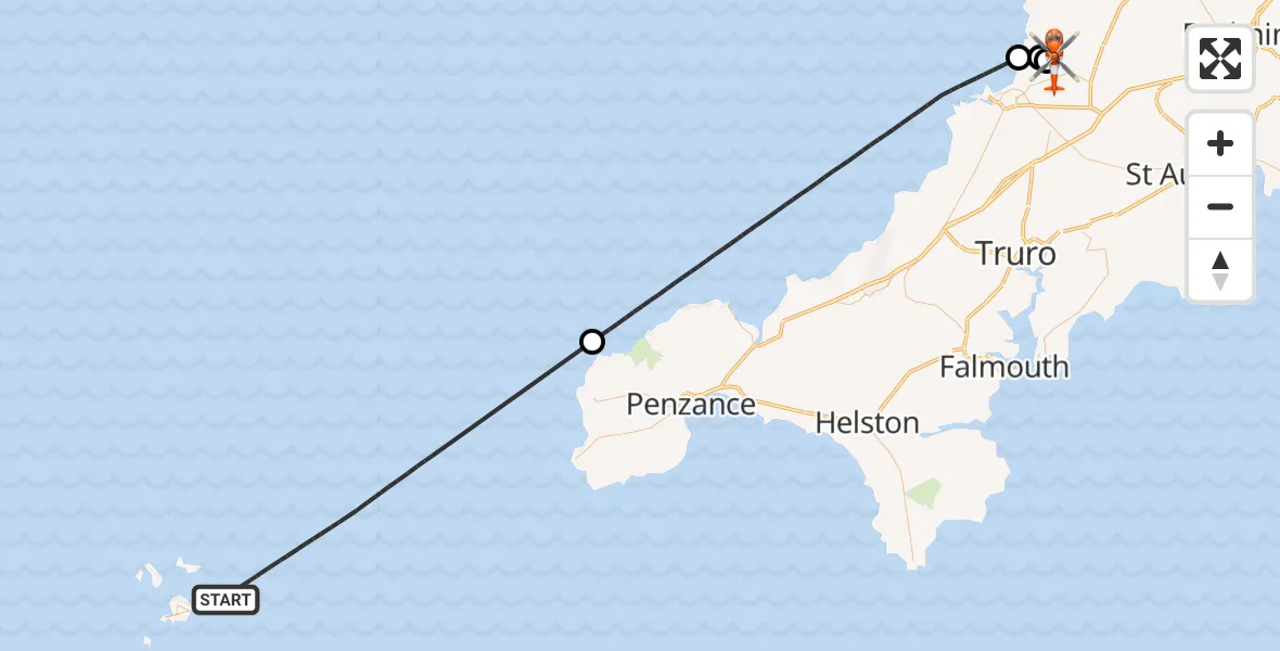 Flight route Coastguard Helicopter North Atlantic Ocean - Cornwall Airport Newquay, 06 October 2026, 18:20