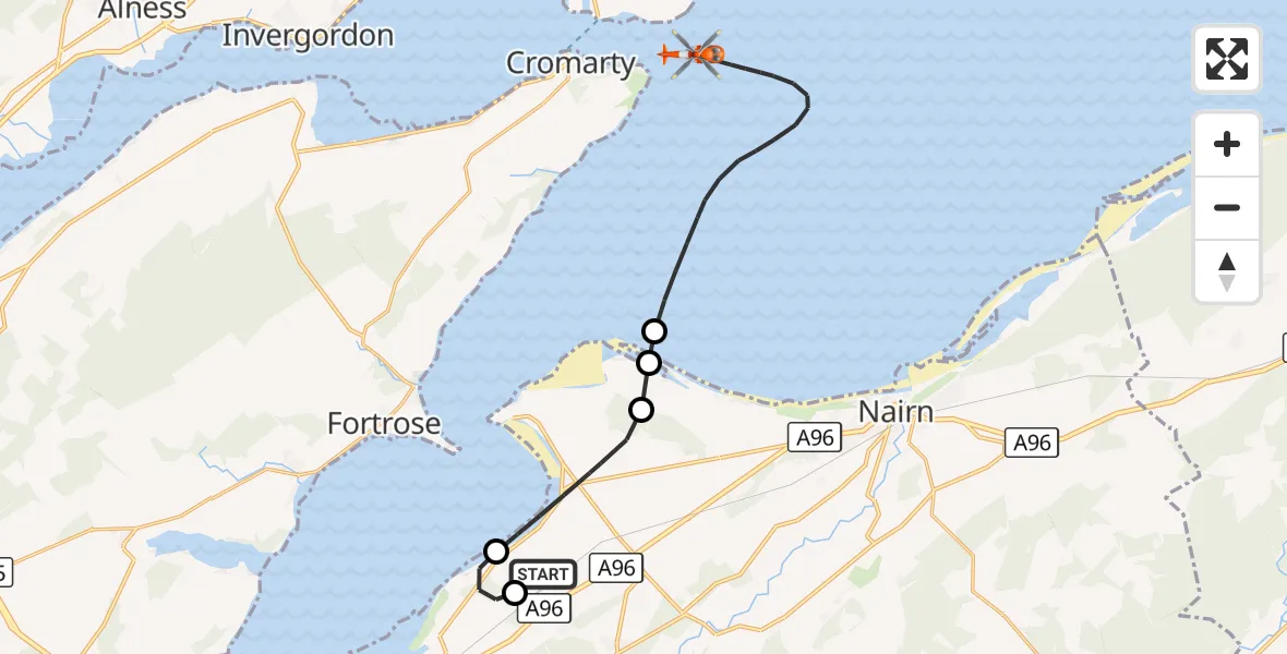 Flight route Coastguard Helicopter Inverness Airport - North Sea, 06 October 2026, 18:24