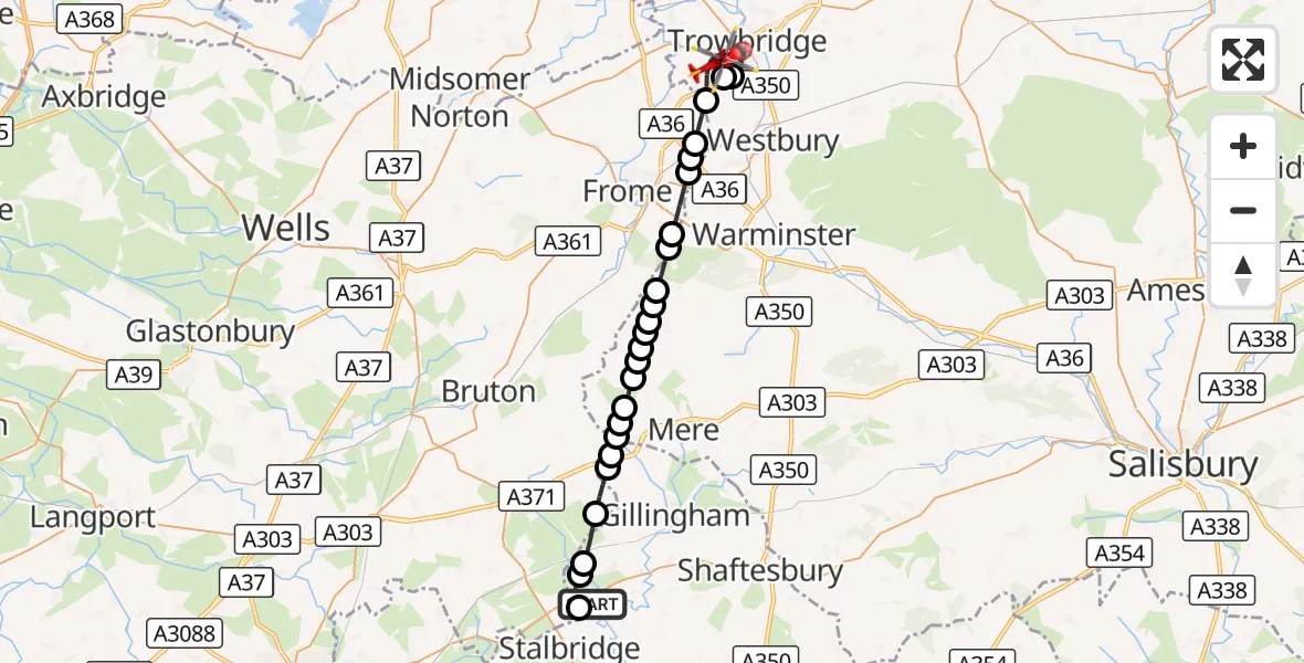 Flight route Air Ambulance Helicopter Henstridge Airfield - Southwick, 06 October 2026, 18:28