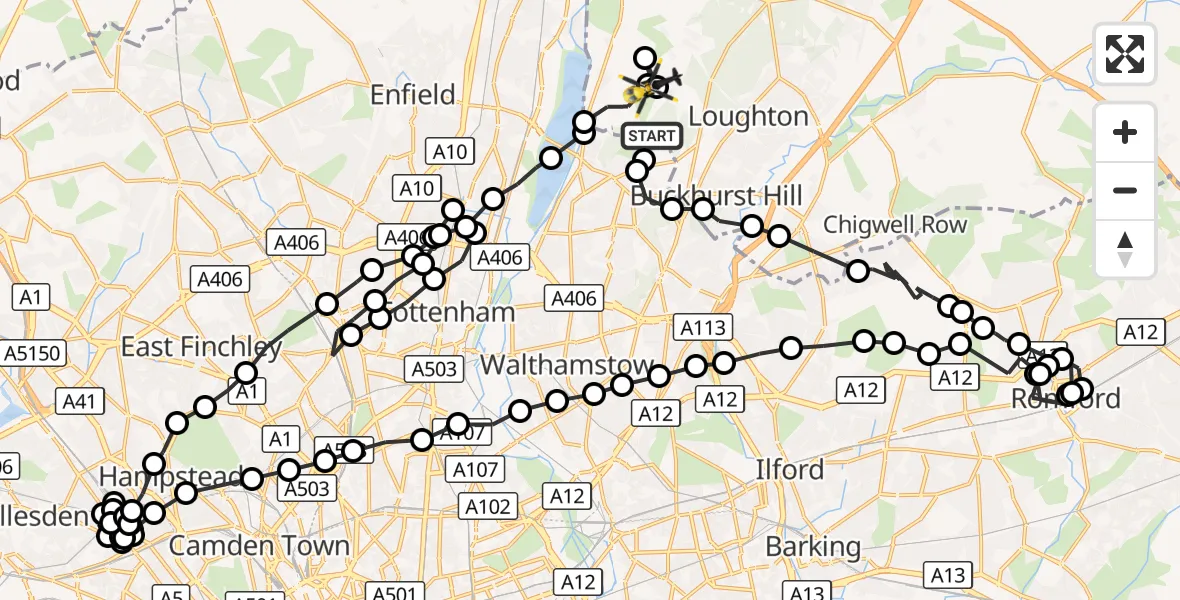 Flight route Police Helicopter Waltham Abbey - Metropolitan Police Air Support Unit Lippitts Hill, 06 October 2026, 18:34