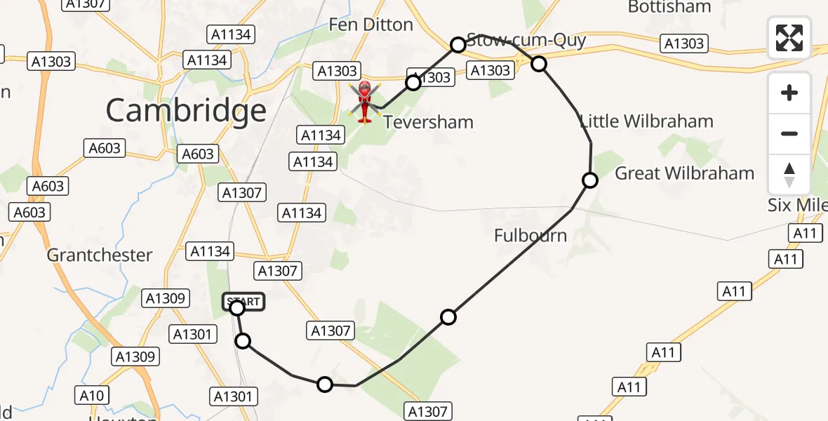 Flight route Air Ambulance Helicopter Papworth Hospital - Cambridge City Airport, 06 October 2026, 18:46