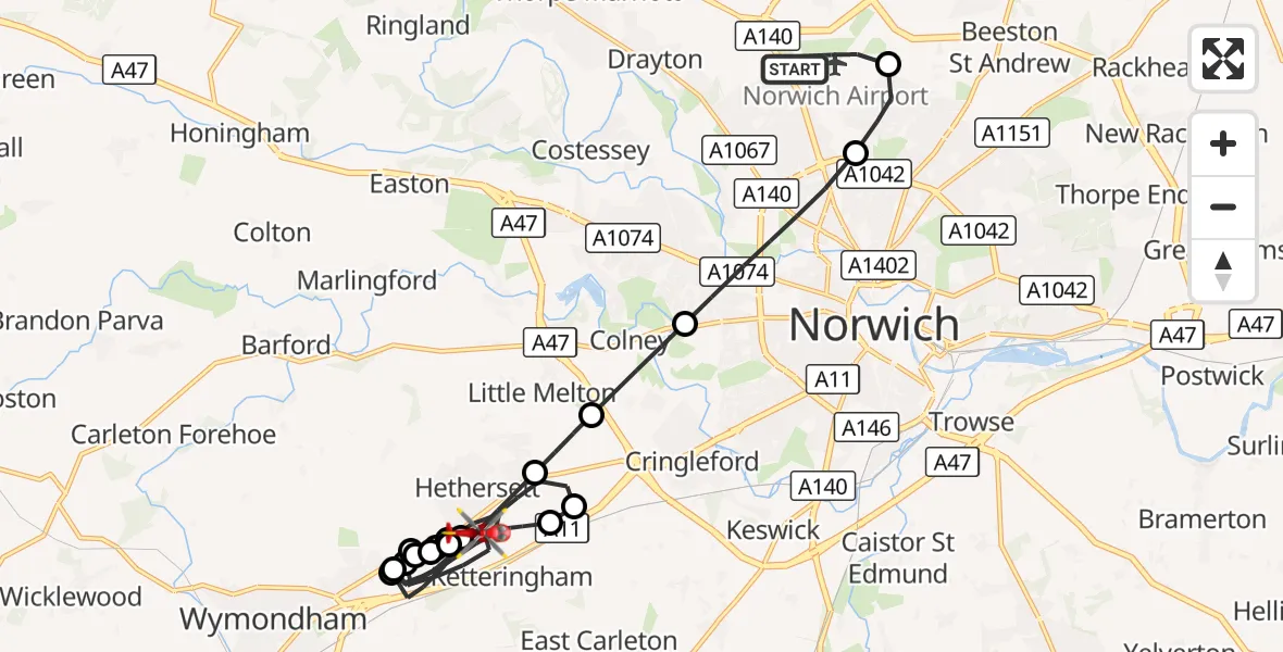 Flight route Air Ambulance Helicopter Norwich Airport - Hethersett, 06 October 2026, 18:52