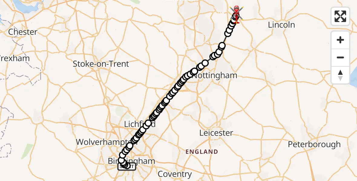 Flight route Air Ambulance Helicopter Queen Elizabeth Hospital Helipad - Retford Gamston Airport, 06 October 2026, 19:10