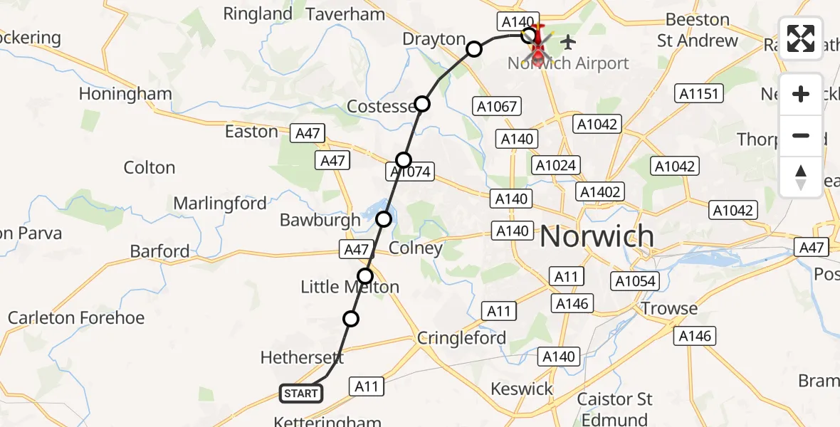 Flight route Air Ambulance Helicopter Hethersett - Norwich Airport, 06 October 2026, 19:20