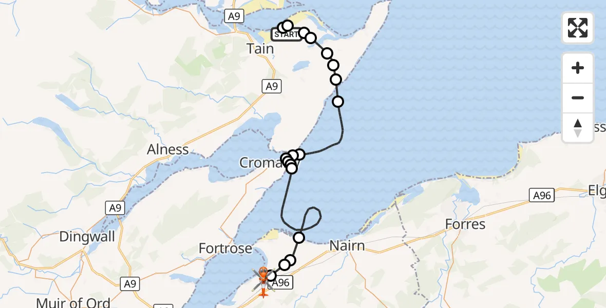 Flight route Coastguard Helicopter Dornoch - Inverness Airport, 06 October 2026, 19:49