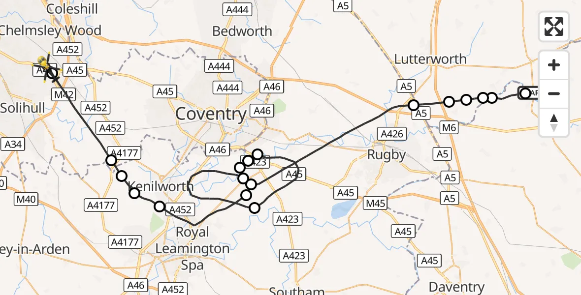 Flight route Police Helicopter Husbands Bosworth - Birmingham Airport, 06 October 2026, 20:24