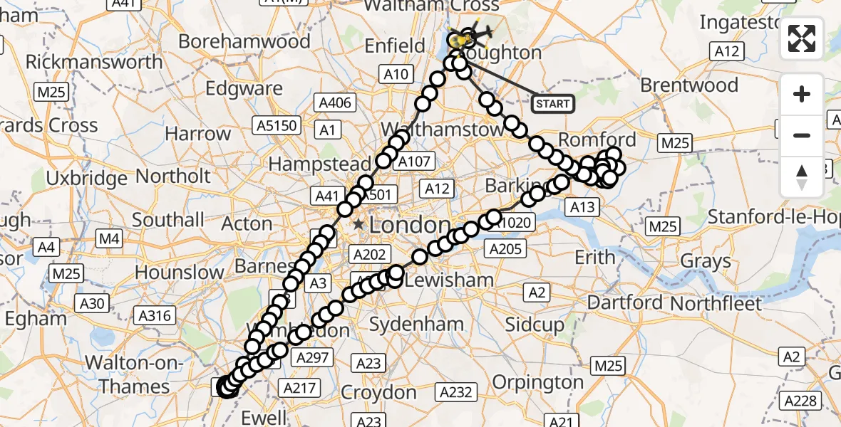 Flight route Police Helicopter Hainault - Sewardstonebury, 06 October 2026, 21:24