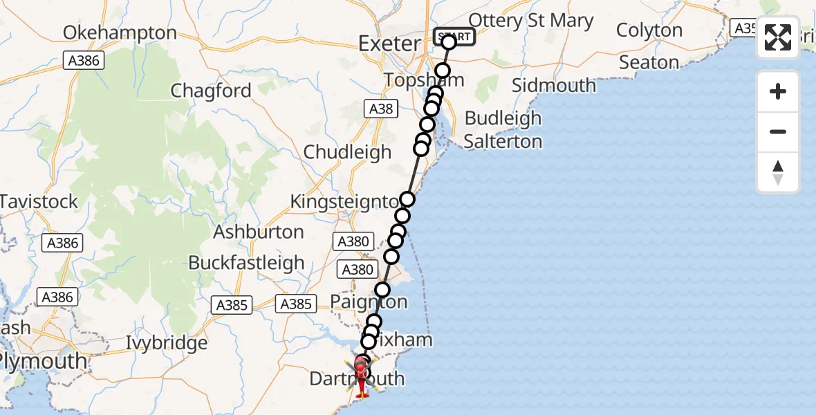 Flight route Air Ambulance Helicopter Exeter International Airport - Dartmouth, 06 October 2026, 21:34