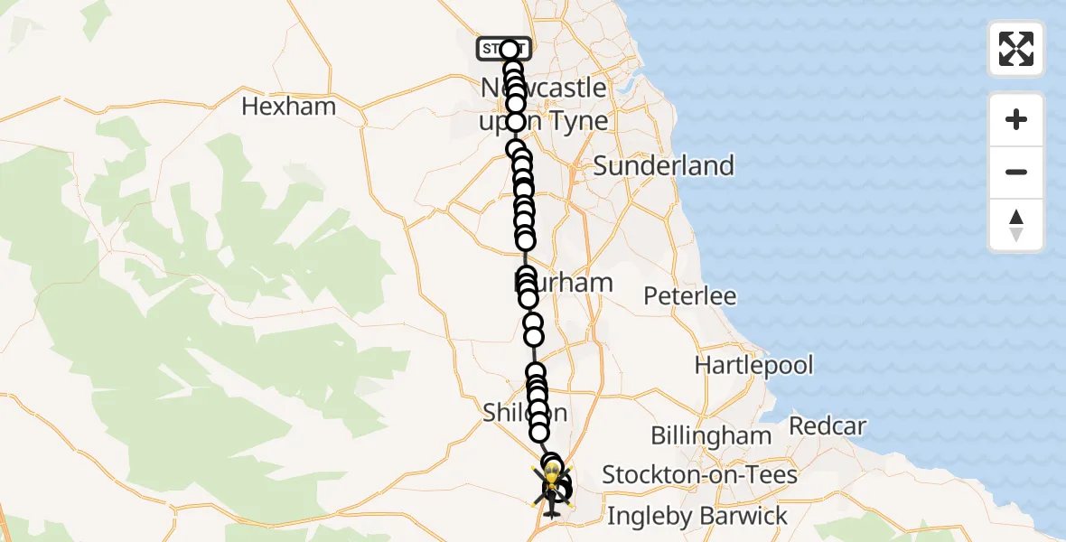 Flight route Police Helicopter Newcastle International Airport - Darlington, 06 October 2026, 21:42