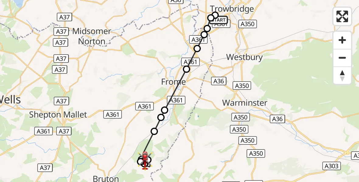 Flight route Air Ambulance Helicopter Southwick - Witham Friary, 06 October 2026, 21:44