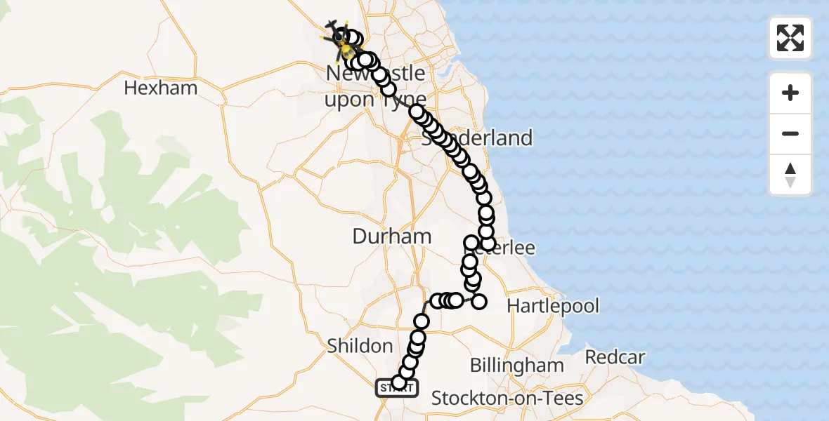 Flight route Police Helicopter Coatham Mundeville - Newcastle International Airport, 06 October 2026, 22:14