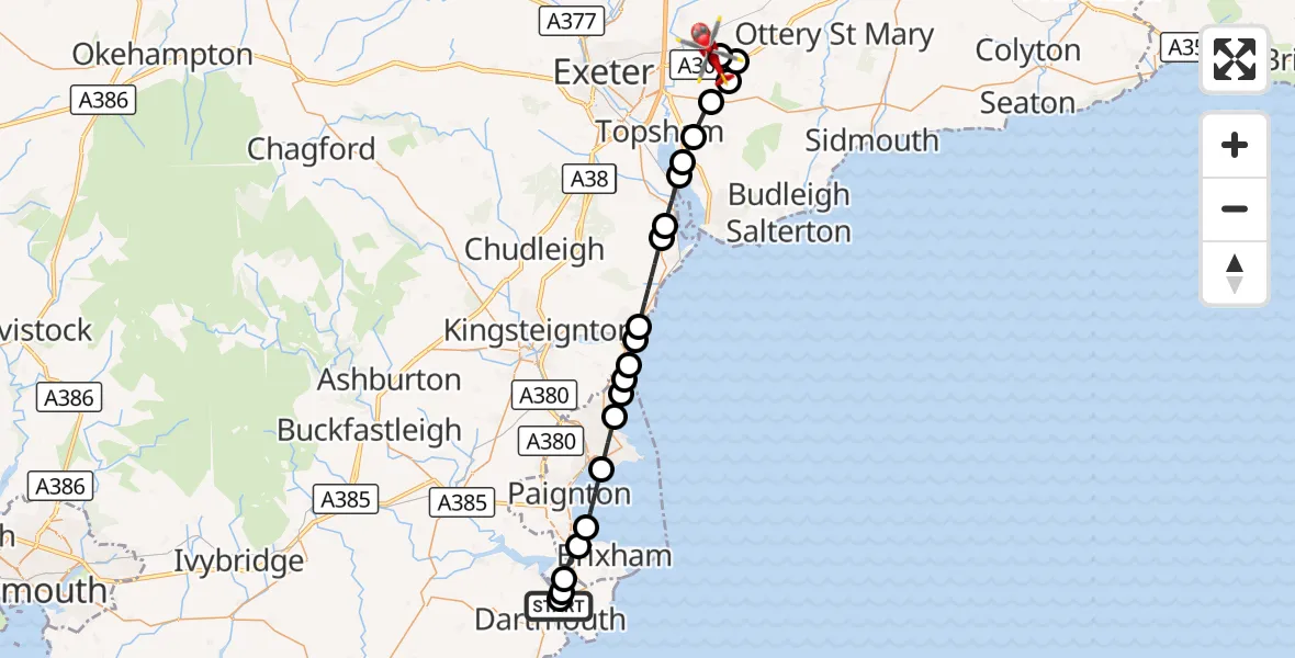 Flight route Air Ambulance Helicopter Kingswear - Exeter International Airport, 06 October 2026, 22:49
