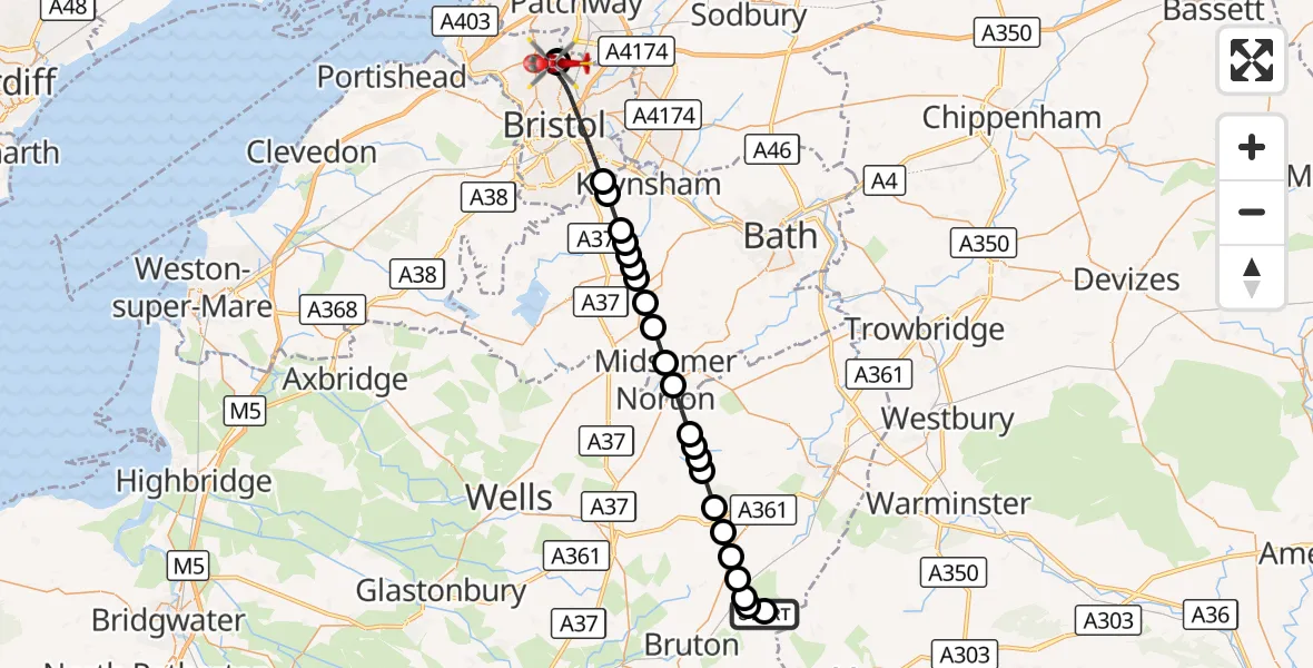 Flight route Air Ambulance Helicopter North Brewham - Bristol, 06 October 2026, 23:35