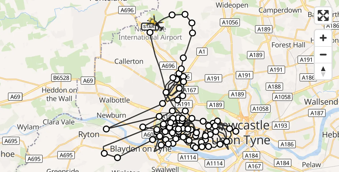 Flight route Police Helicopter Newcastle International Airport - Newcastle International Airport, 07 October 2026, 00:44