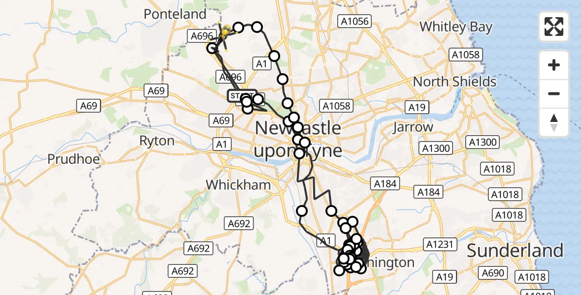 Flight route Police Helicopter Blakelaw - Newcastle International Airport, 07 October 2026, 02:54