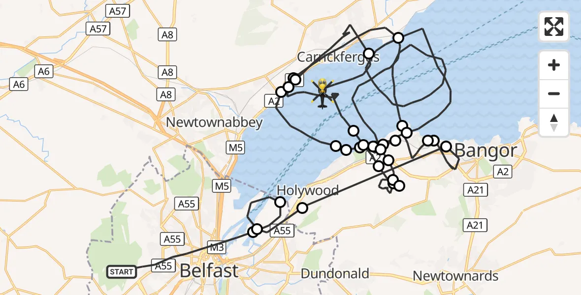 Flight route Police Helicopter Belfast City District - Inner Seas, 07 October 2026, 07:04