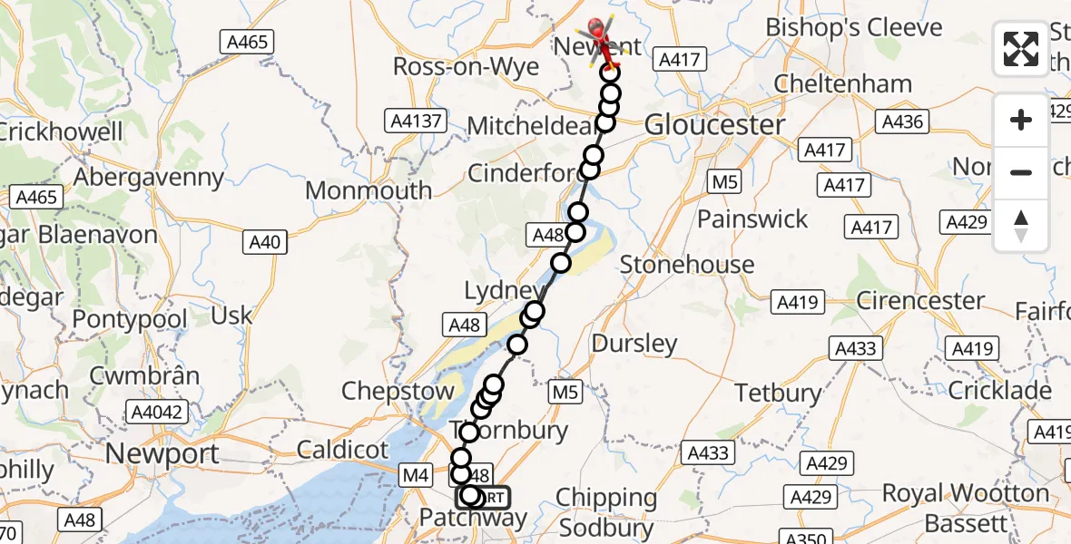 Flight route Air Ambulance Helicopter Almondsbury Helicopter Base - Newent, 07 October 2026, 07:36