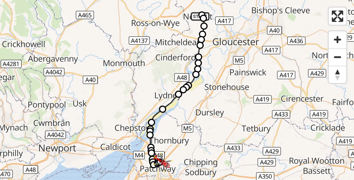 Flight route Air Ambulance Helicopter Newent - Almondsbury Helicopter Base, 07 October 2026, 07:57
