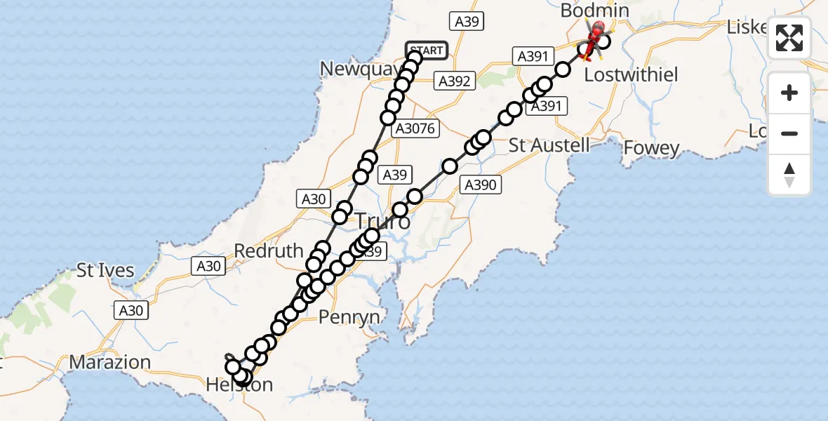 Flight route Air Ambulance Helicopter Cornwall Airport Newquay - Lanivet, 07 October 2026, 08:10