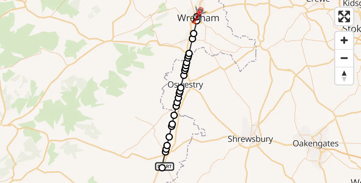 Flight route Air Ambulance Helicopter Welshpool Airport - Stansty, 07 October 2026, 08:13