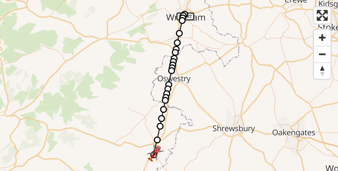 Flight route Air Ambulance Helicopter Stansty - Welshpool Airport, 07 October 2026, 09:15