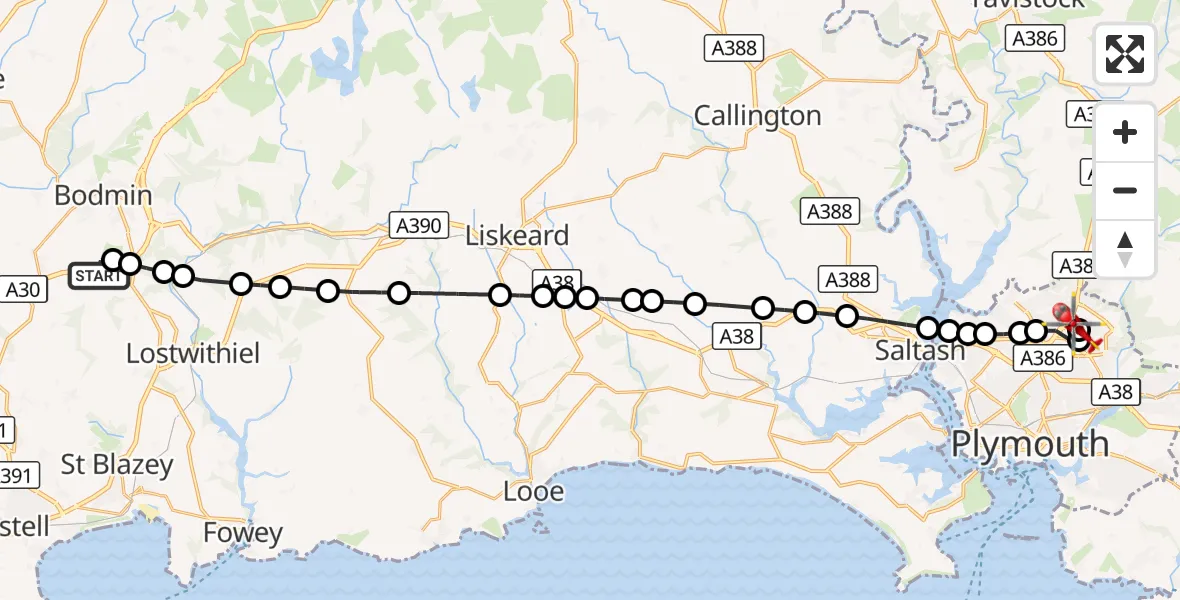 Flight route Air Ambulance Helicopter Lanivet - Derriford Hospital, 07 October 2026, 09:29
