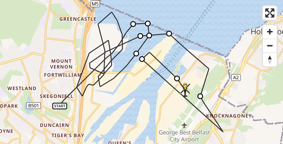 Flight route Police Helicopter Belfast City District - George Best Belfast City Airport, 07 October 2026, 09:31