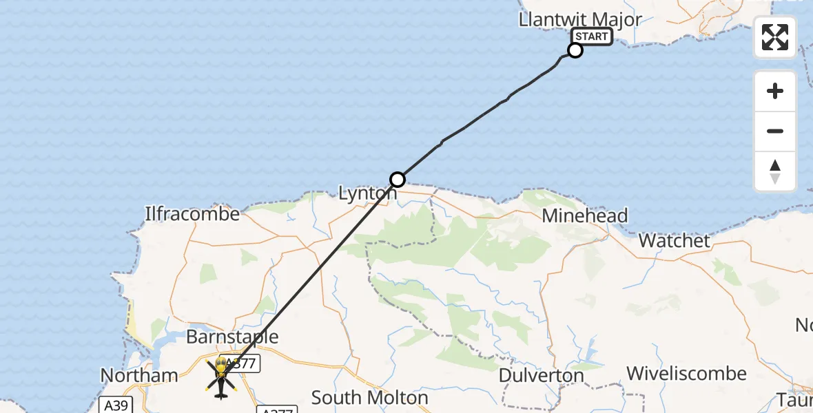 Flight route Police Helicopter Llantwit Major - North Devon, 07 October 2026, 09:40