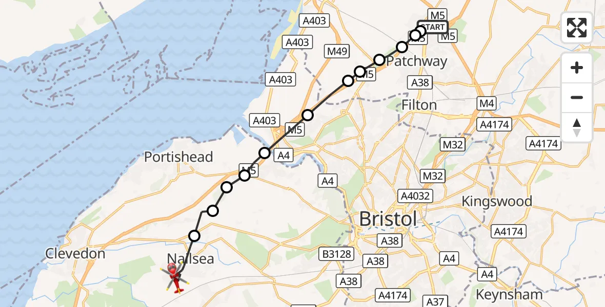 Flight route Air Ambulance Helicopter Almondsbury Helicopter Base - Nailsea, 07 October 2026, 10:07